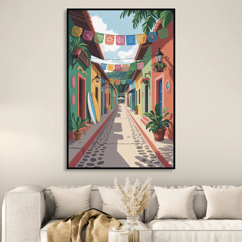 Colorful Sayulita Streets Living Room - Black Canvas Wall Art