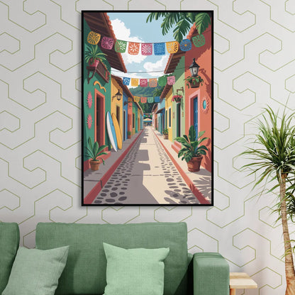 Colorful Sayulita Streets Sitting Room - Black Canvas Wall Art