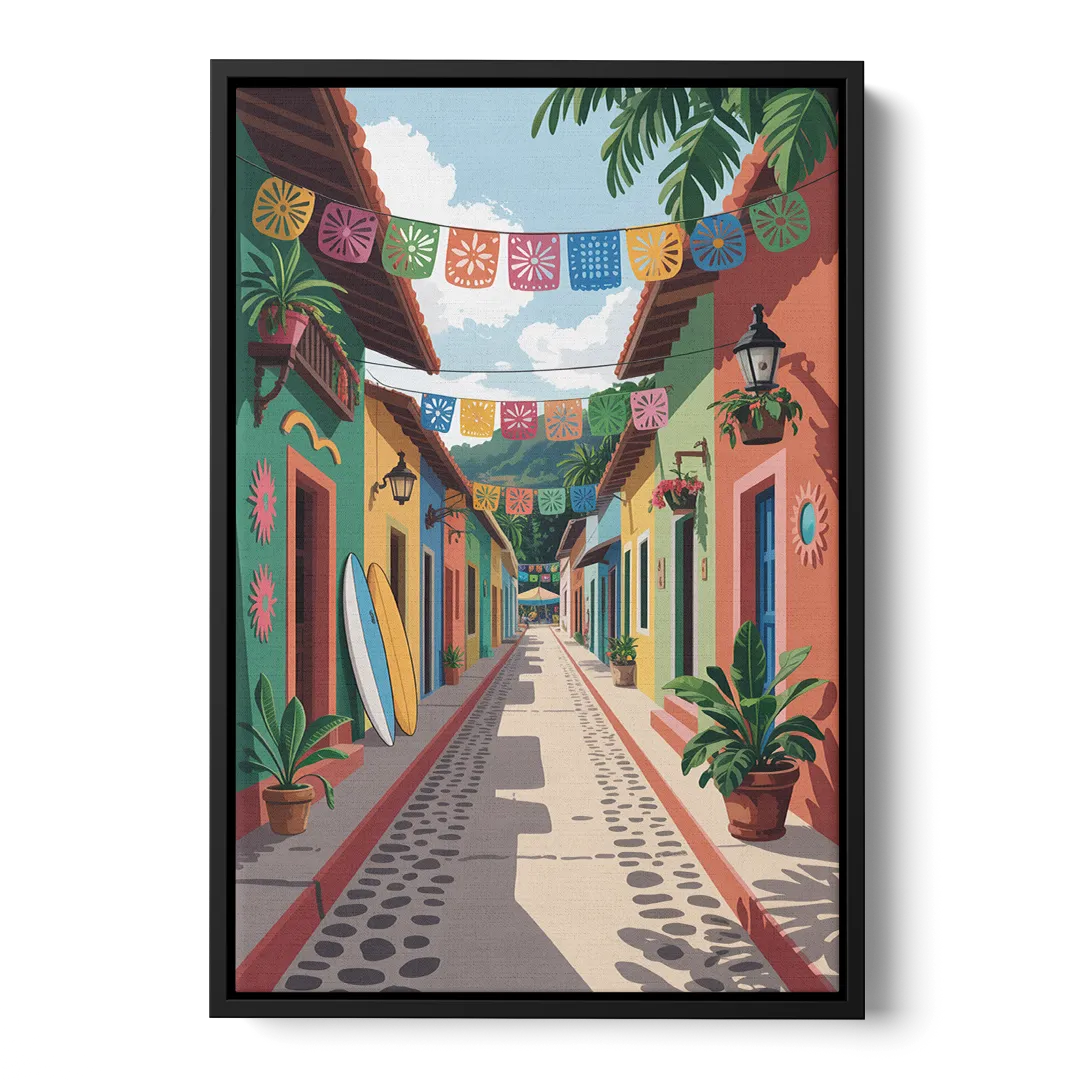 Colorful Sayulita Streets Front - Black Canvas Wall Art
