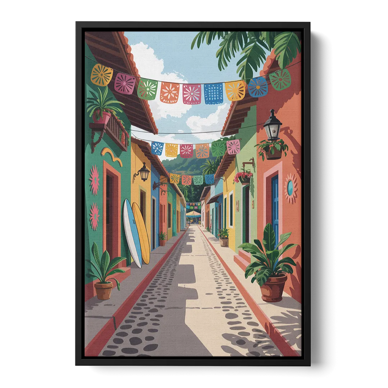 Colorful Sayulita Streets Front - Black Canvas Wall Art