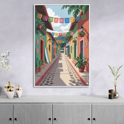 Colorful Sayulita Streets Living Room - White Canvas Wall Art