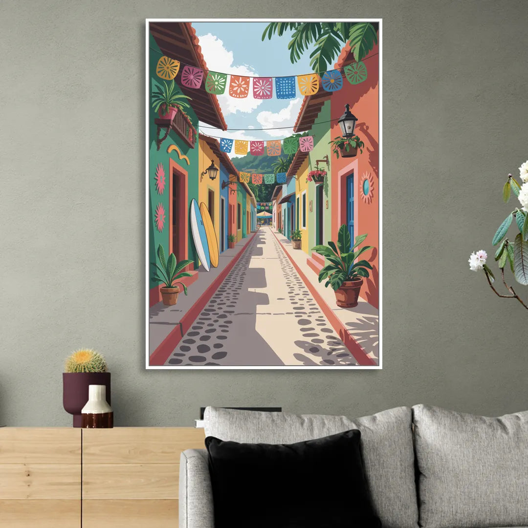 Colorful Sayulita Streets Sitting Room - White Canvas Wall Art