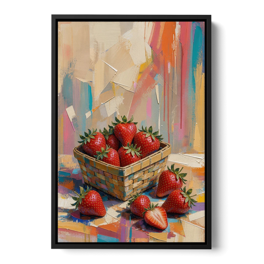 Colorful Strawberry Basket Overflowing for the Kitchen - Black Framed Canvas Wall Art - Front