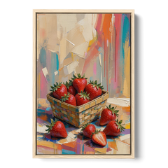 Colorful Strawberry Basket Overflowing for the Kitchen - Oak Framed Canvas Wall Art - Front