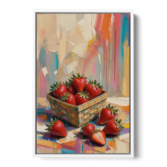 Colorful Strawberry Basket Overflowing for the Kitchen - White Framed Canvas Wall Art - Front