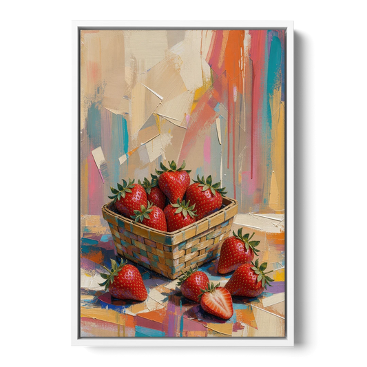 Colorful Strawberry Basket Overflowing for the Kitchen - White Framed Canvas Wall Art - Front