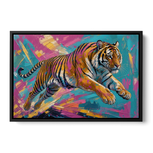 Colorful Tiger Painting Mid-Leap - Black Framed Canvas Wall Art - Front