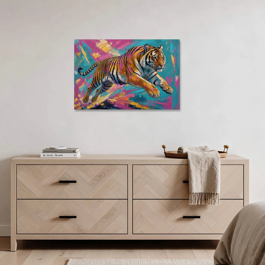 Colorful Tiger Painting Mid-Leap - Canvas Wall Art - Coffee Table - 36x24