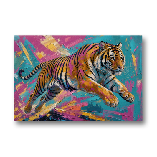 Colorful Tiger Painting Mid-Leap - Canvas Wall Art - Front