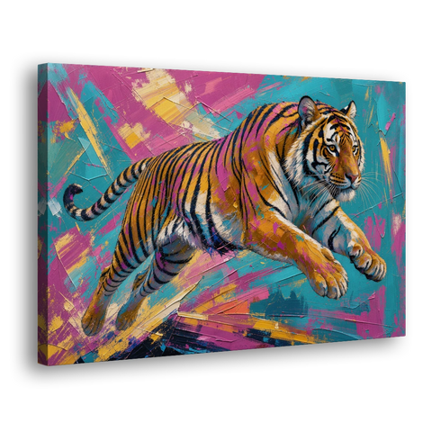 Colorful Tiger Painting Mid-Leap - Canvas Wall Art
