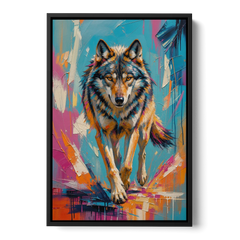 Colorful Wolf Painting Trotting Forward - Black Framed Canvas Wall Art - Front