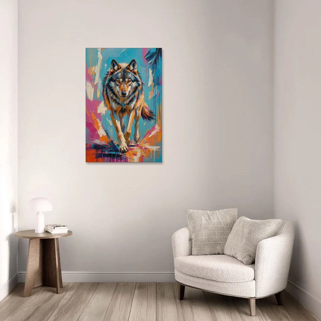 Colorful Wolf Painting Trotting Forward - Canvas Wall Art - Sofa - 24x36