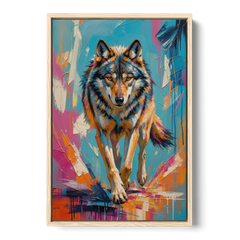 Colorful Wolf Painting Trotting Forward - Oak Framed Canvas Wall Art - Front