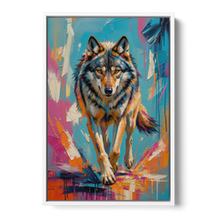 Colorful Wolf Painting Trotting Forward - White Framed Canvas Wall Art - Front