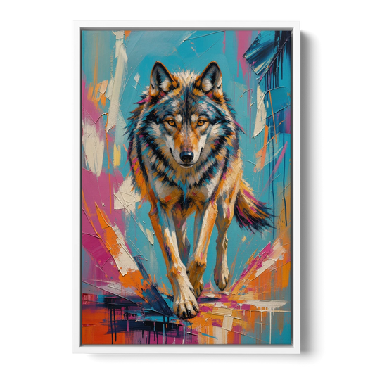 Colorful Wolf Painting Trotting Forward - White Framed Canvas Wall Art - Front