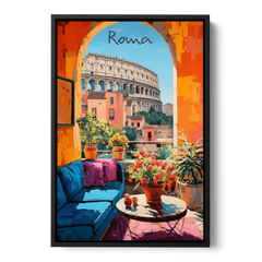 Colosseum Painting Through a Roman Arch - Black Framed Canvas Wall Art - Front