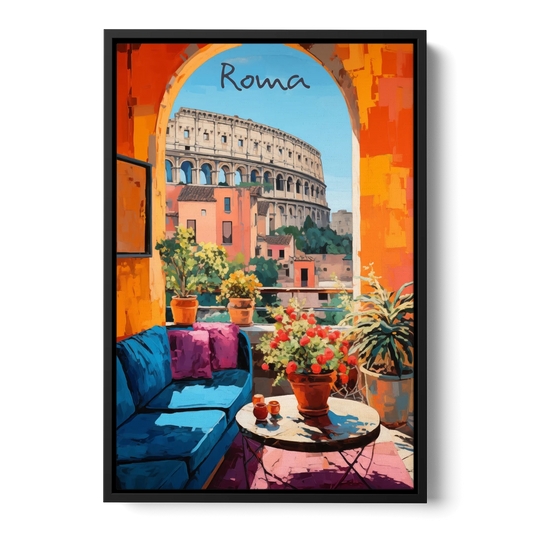 Colosseum Painting Through a Roman Arch - Black Framed Canvas Wall Art - Front