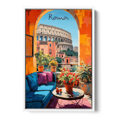 Colosseum Painting Through a Roman Arch - White Framed Canvas Wall Art - Front