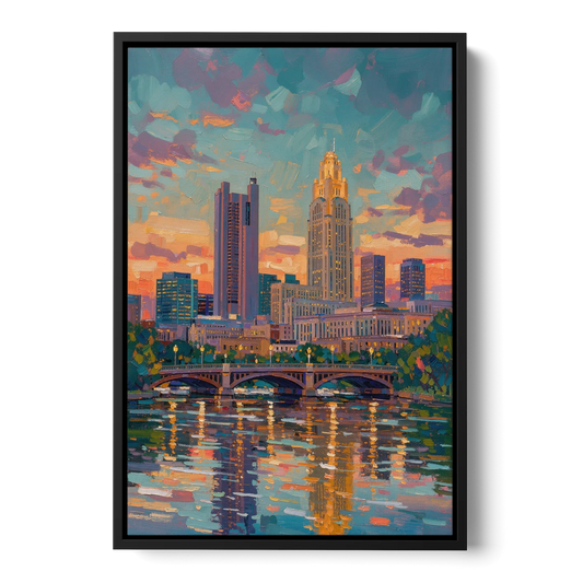 Columbus Cityscape Reflection - Black Framed Canvas Wall Art - Front