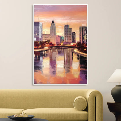 Columbus Cityscape Reflection Sitting Room - White Canvas Wall Art