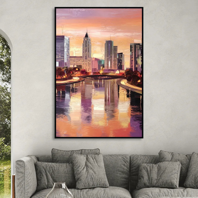 Columbus Cityscape Reflection Sitting Room - Black Canvas Wall Art