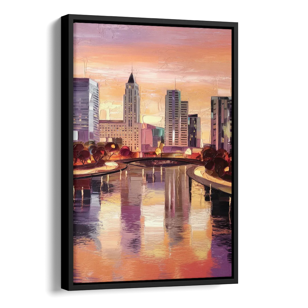 Columbus Cityscape Reflection Side - Black Canvas Wall Art