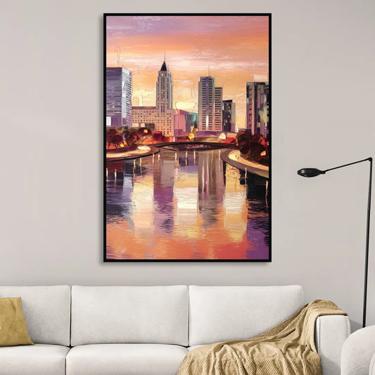 Columbus Cityscape Reflection Living Room - Black Canvas Wall Art
