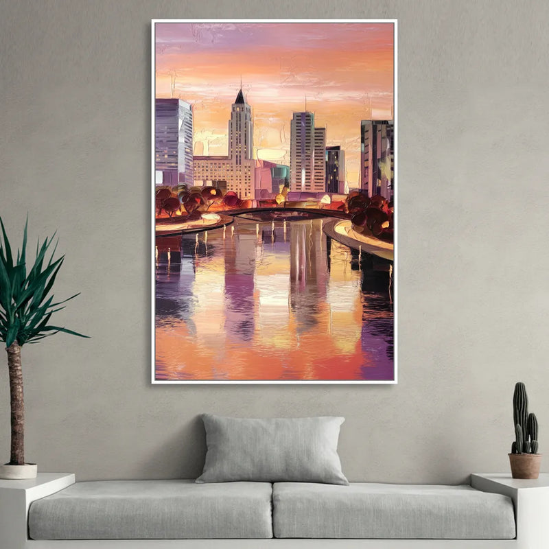 Columbus Cityscape Reflection Living Room - White Canvas Wall Art