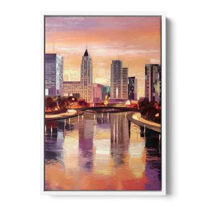 Columbus Cityscape Reflection Front - White Canvas Wall Art