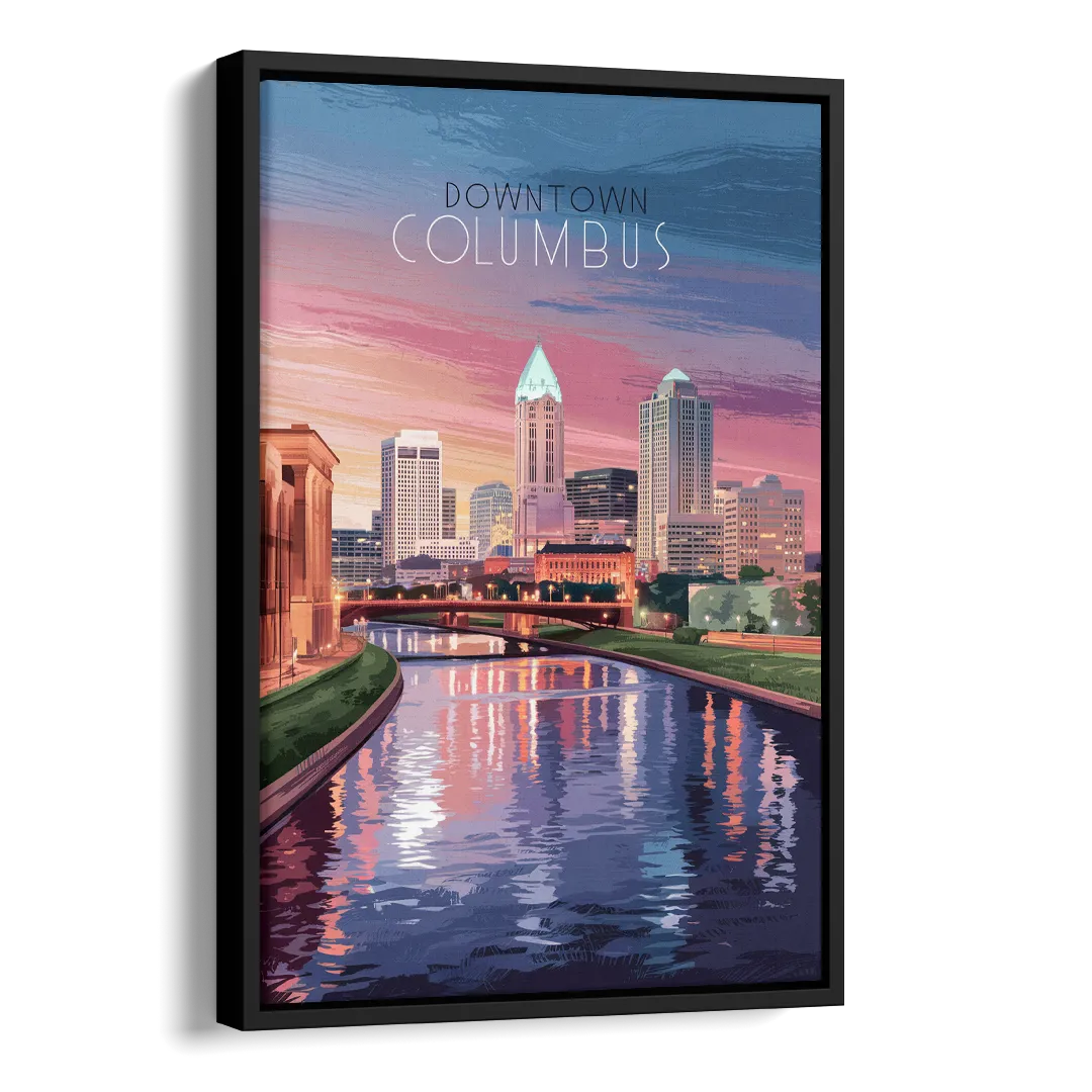 Columbus Downtown Panorama Side - Black Canvas Wall Art