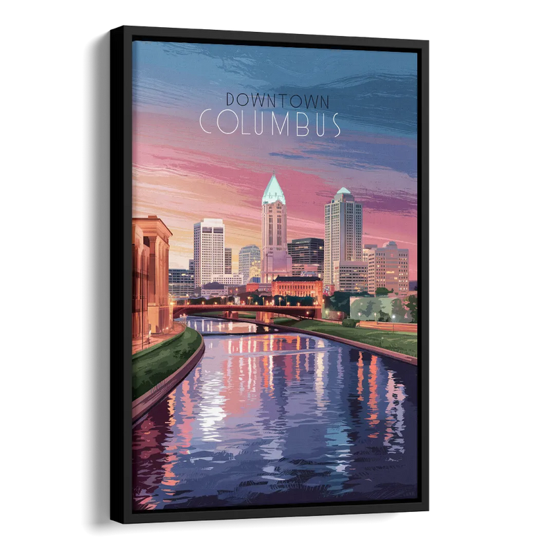 Columbus Downtown Panorama Side - Black Canvas Wall Art