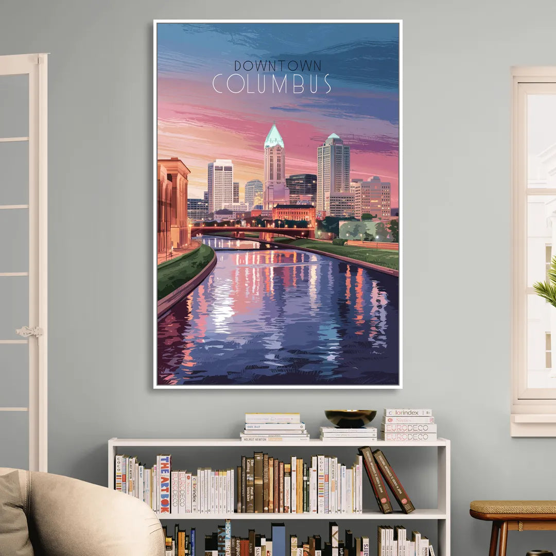 Columbus Downtown Panorama Living Room - White Canvas Wall Art