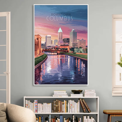 Columbus Downtown Panorama Living Room - White Canvas Wall Art