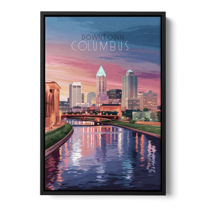 Columbus Downtown Panorama Front - Black Canvas Wall Art