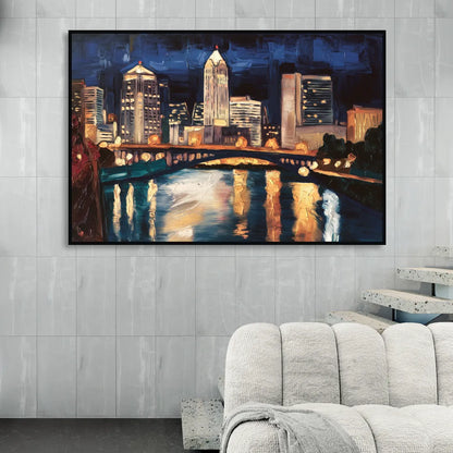 Columbus Nighttime Skyline Living Room - Black Canvas Wall Art