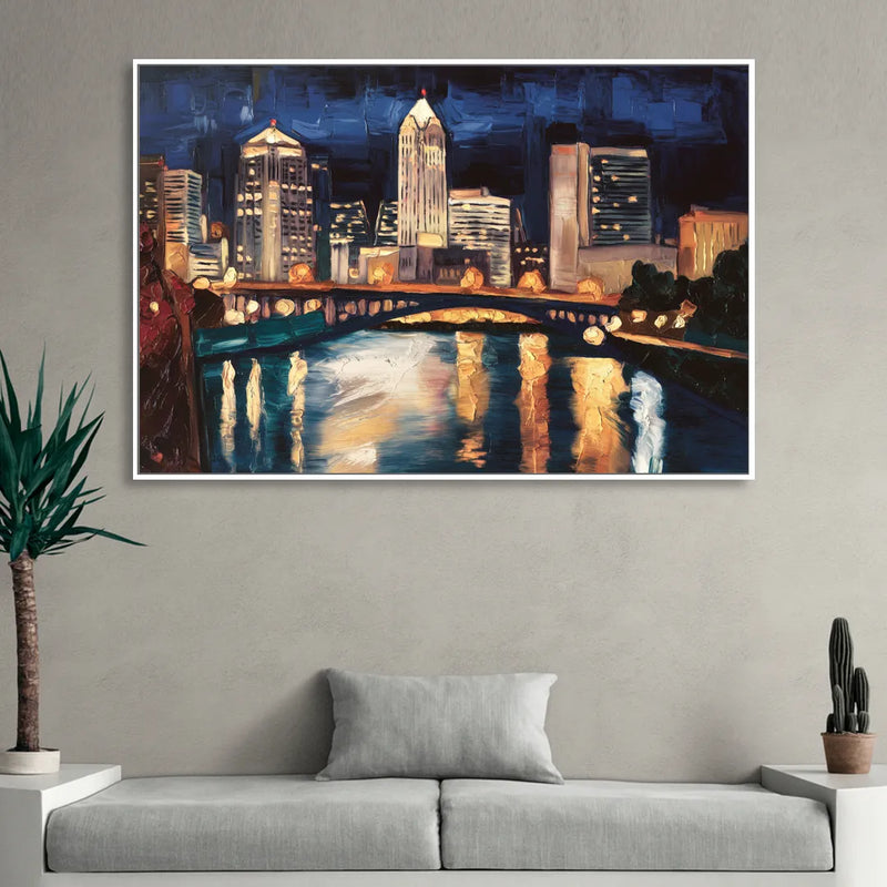 Columbus Nighttime Skyline Sitting Room - White Canvas Wall Art
