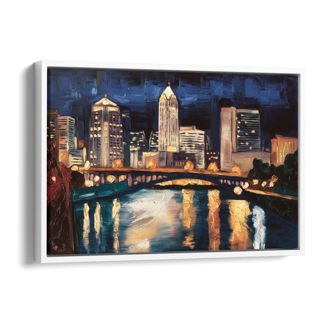 Columbus Nighttime Skyline Side - White Canvas Wall Art