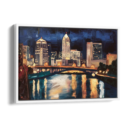 Columbus Nighttime Skyline Side - White Canvas Wall Art