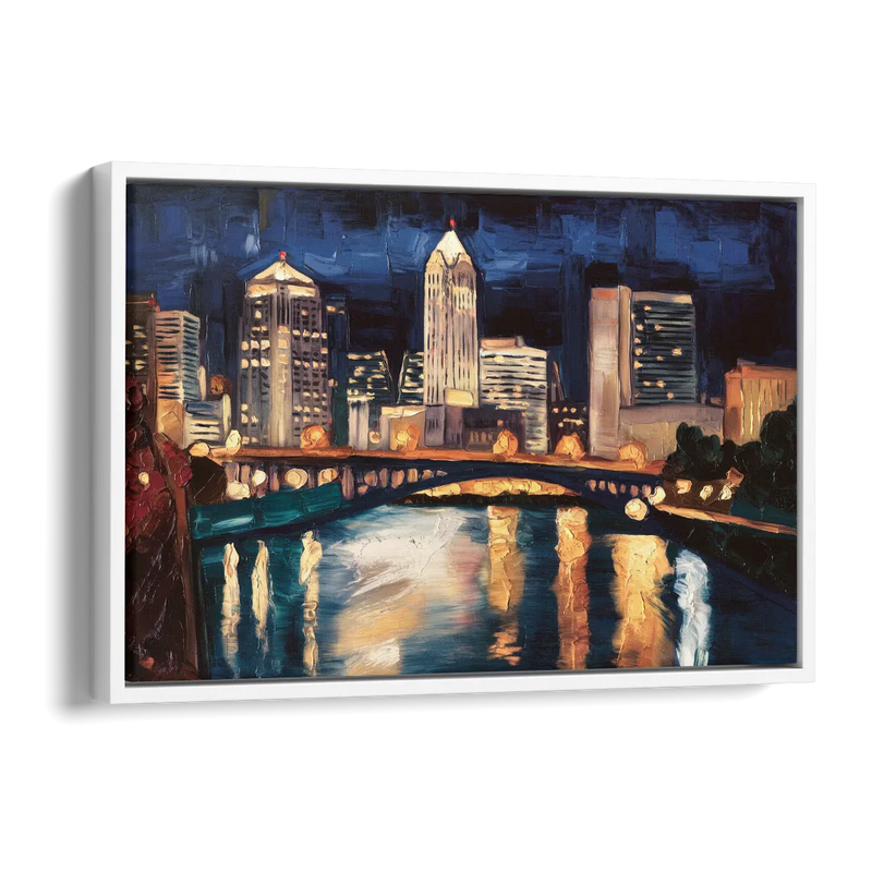 Columbus Nighttime Skyline Side - White Canvas Wall Art