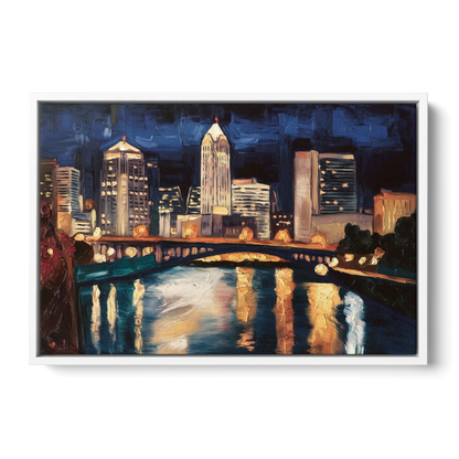 Columbus Nighttime Skyline Front - White Canvas Wall Art