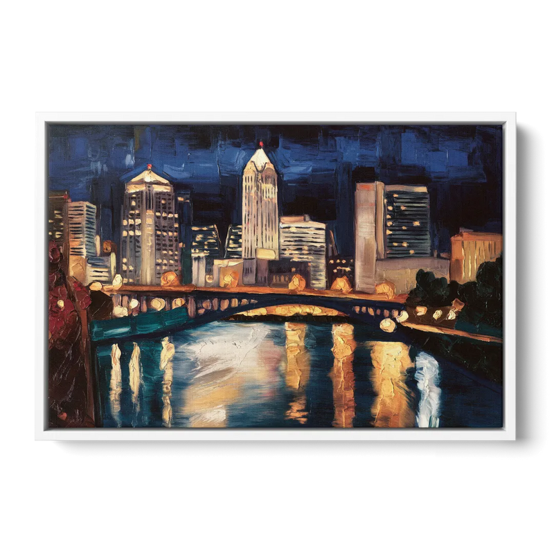 Columbus Nighttime Skyline Front - White Canvas Wall Art