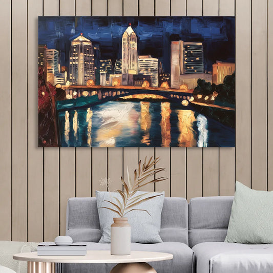 Columbus Nighttime Skyline Living Room - Canvas Wall Art