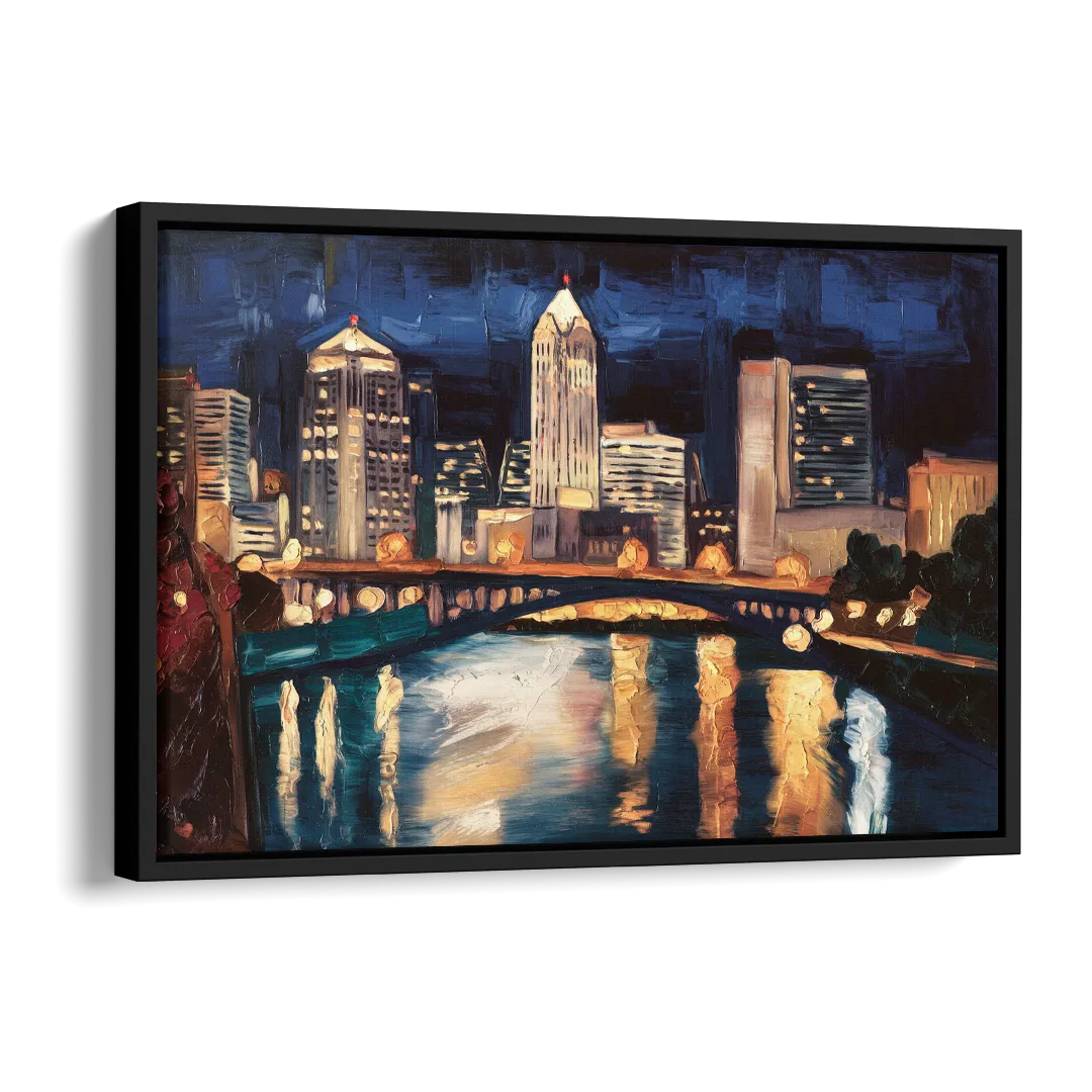 Columbus Nighttime Skyline Side - Black Canvas Wall Art