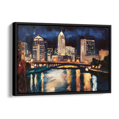 Columbus Nighttime Skyline Side - Black Canvas Wall Art