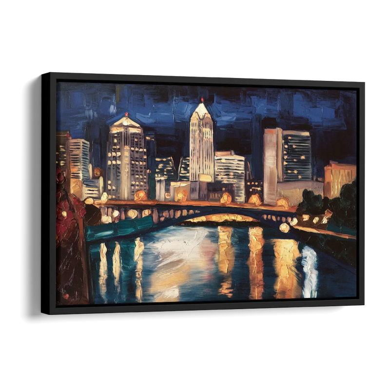 Columbus Nighttime Skyline Side - Black Canvas Wall Art