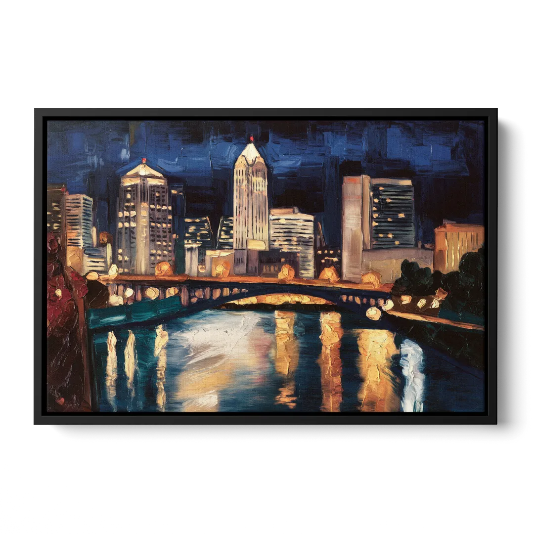 Columbus Nighttime Skyline Front - Black Canvas Wall Art