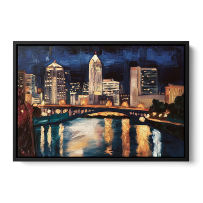 Columbus Nighttime Skyline Front - Black Canvas Wall Art