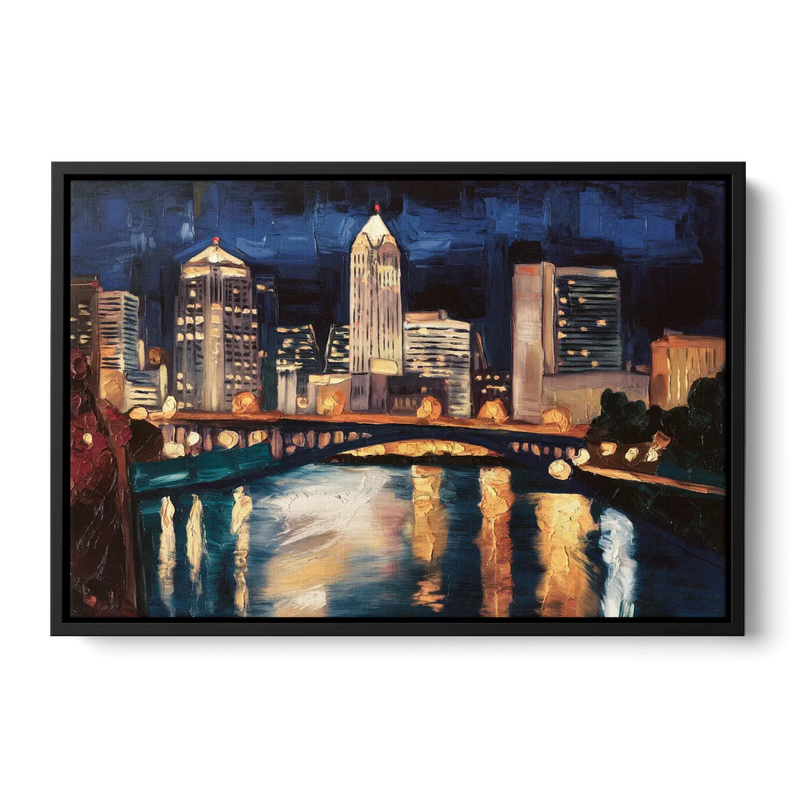 Columbus Nighttime Skyline Front - Black Canvas Wall Art