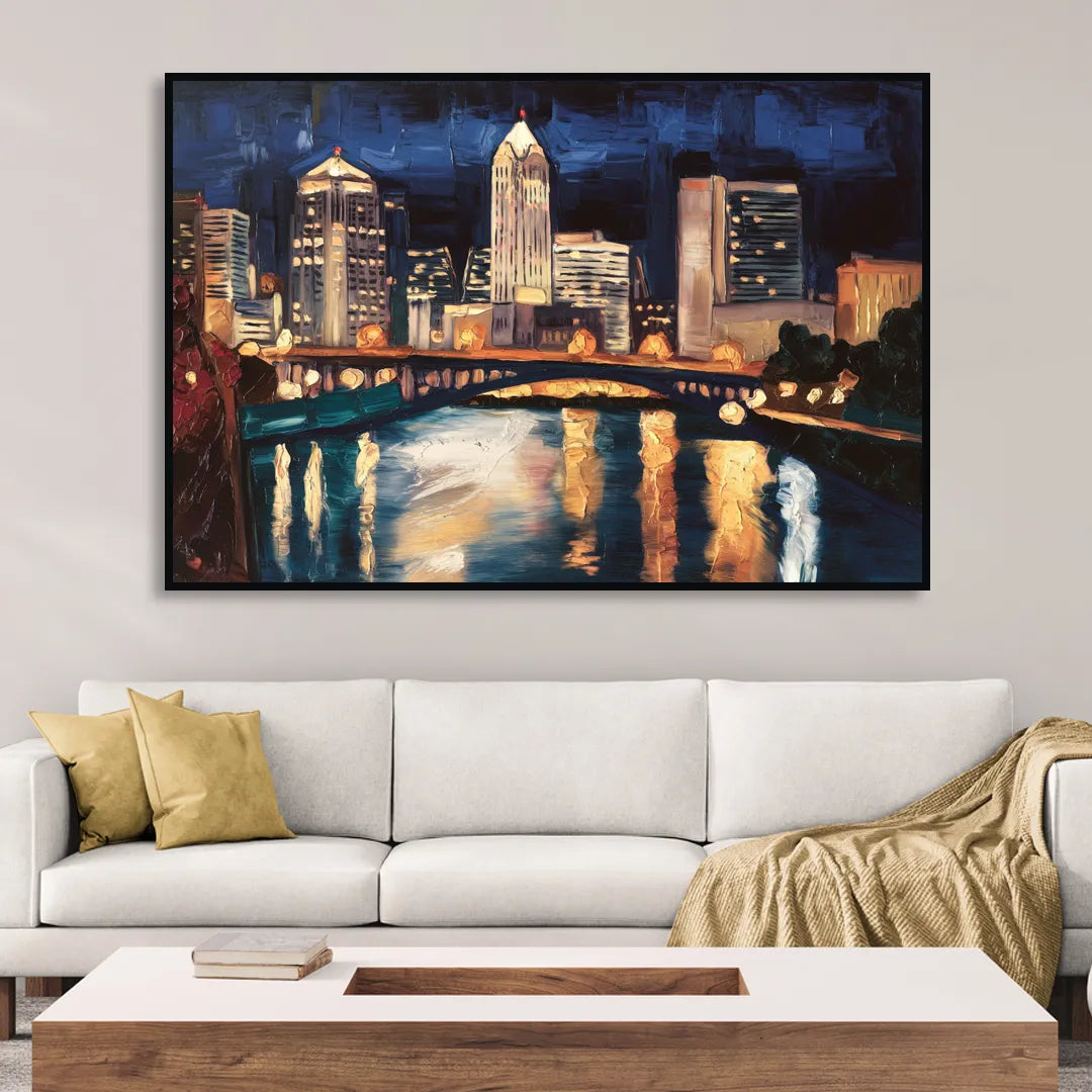 Columbus Nighttime Skyline Sitting Room - Black Canvas Wall Art