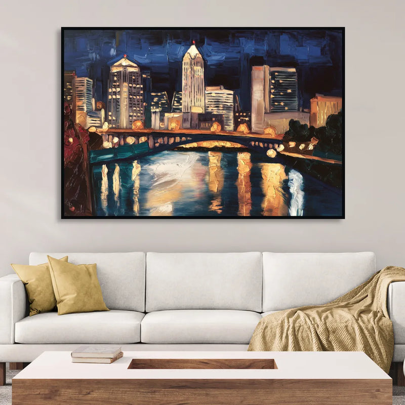 Columbus Nighttime Skyline Sitting Room - Black Canvas Wall Art